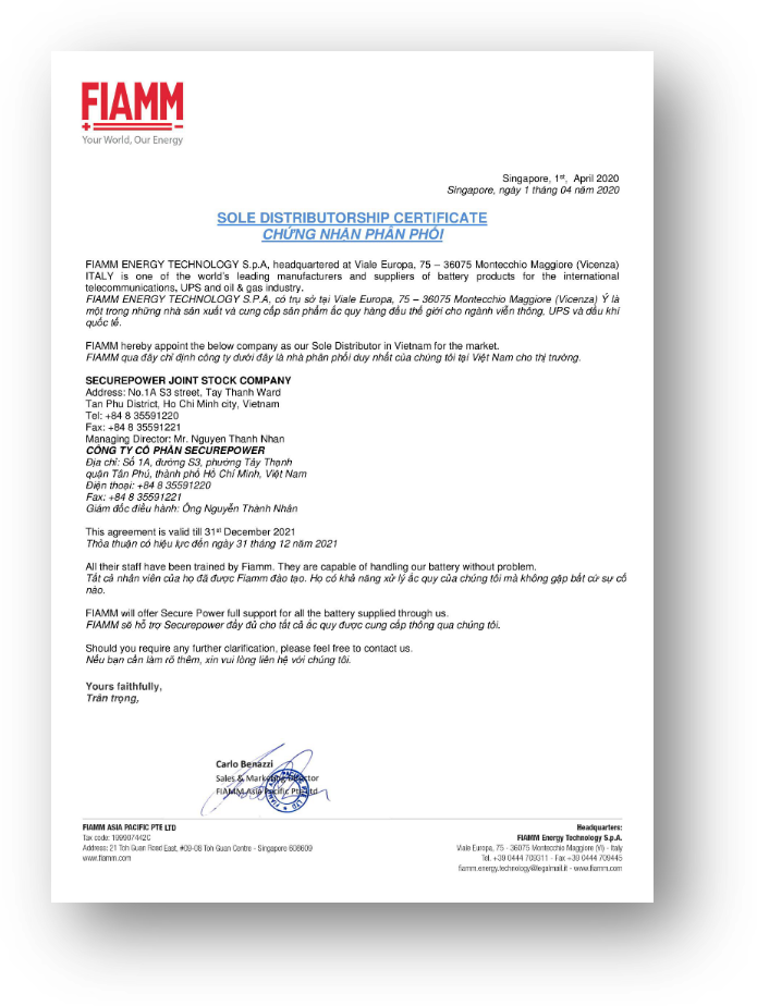 Fiamm Certificate