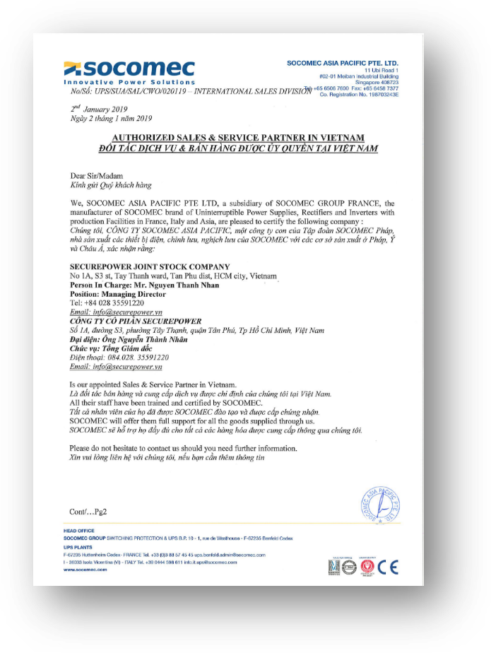 Socomec Certificate